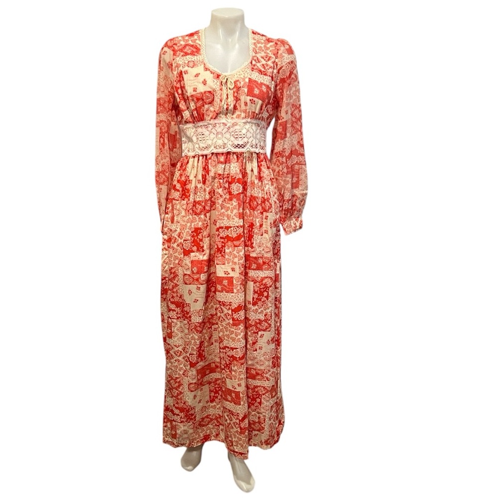 Vintage red cream patchwork print homemade prairie style maxi dress